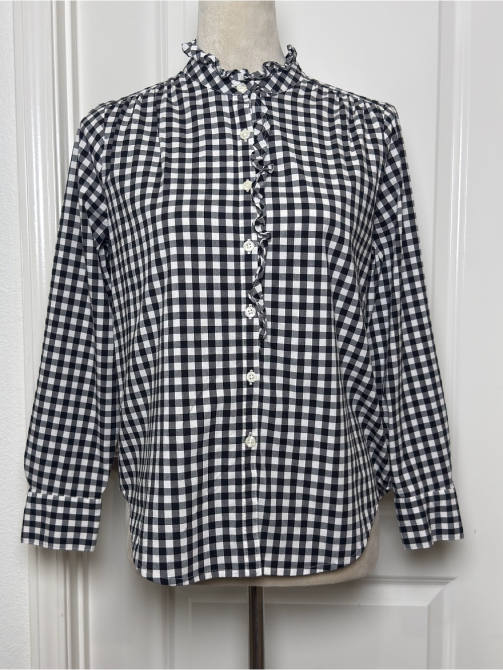 Ann Taylor Petite Black and White Gingham Ruffle Collar Button-Down Shirt